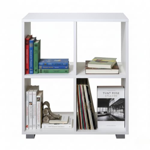 MAKA Libreria Scaffale per Soggiorno 4 Ripiani Scaffalatura Portaoggetti Libri Svuotatasche in Legno con Rivestimento Laminato Verticale Orizzontale Mobiletto Cucina Ufficio Studio (Bianco, Leonardo)