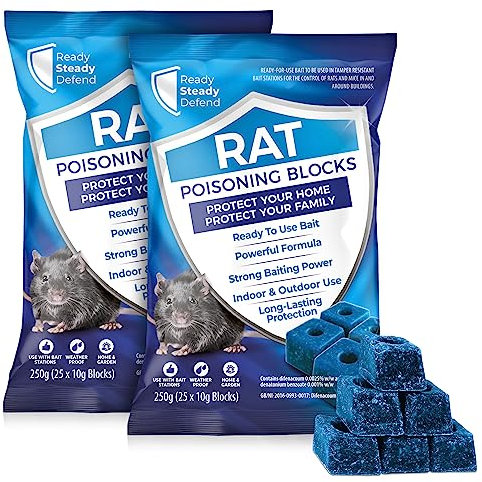Rat & Mouse Block Bait 500g (2x250g) Super Strength Rat Bait, Effective Indoor & Outdoor Use, High Efficacy Rodent Control, RatKiller, Mouse Poison - Home & Garden