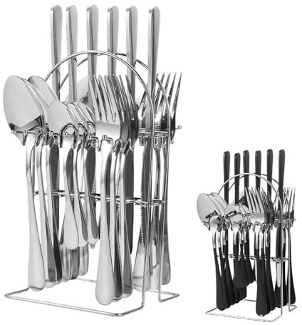 24 Piece Cutlery Set,Silverware Set Stainless Steel Knife and Fork Spoons Sets with Holder Service for 6,Stainless Steel Flatware Set with Stand Hanging Flatware Set with Stand,Dishwasher Safe