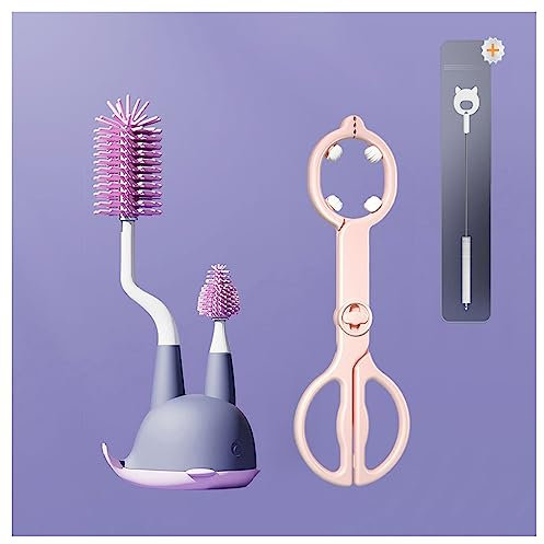 FOVNOT Silicone Bottle Brush Set, 360° Rotating Silicone Bottle Cleaning Brush with Stand Long Handle 4 in 1 Multipurpose Silicone Baby Bottle Brush for Bottles, Nipples, Hydro Flask