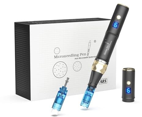 Microneedling Pen A8S Elektrischer Kabelloser Derma-Pen Einstellbar 0-2,5mm mit LED Bildschirm und 6 Stufen inkl. 2 Stk 18Pins Nadelpatronen Dermapen für Gesicht Hautverjüngung A8S-EU