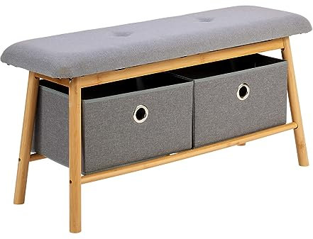 Home Source Jenson Bamboo Bench with Grey Padded Seats, 2 Pull Out Fabric Storage Boxes, Hallway Storage Bench