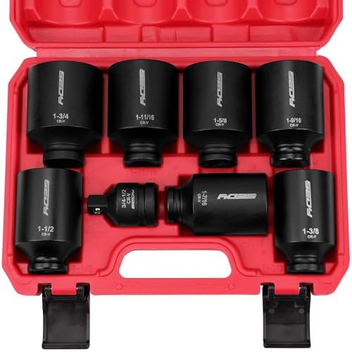 SAE Deep Impact Socket Set 8-Piece 1/2-inch Drive Wheel Axle Nut Wrench Large Sockets Standard Adapter 1-11/16 1-9/16 1-3/8 1-7/16 1-1/2 1-5/8 1-3/4 Imperial Spindle Joint Torque Bearing Locknut Truck