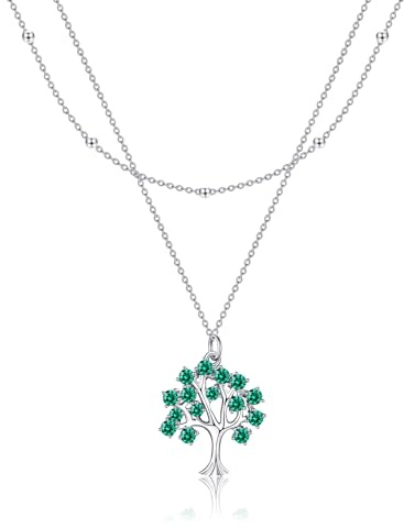 HUKKUN Cheval/croix/arbre de vie/libellule/cœur/fraise/marguerites - Double chaîne à plusieurs rangées - Pour femme - En argent sterling 925 - Cadeau pour femme, Argent sterling, Zircone cubique