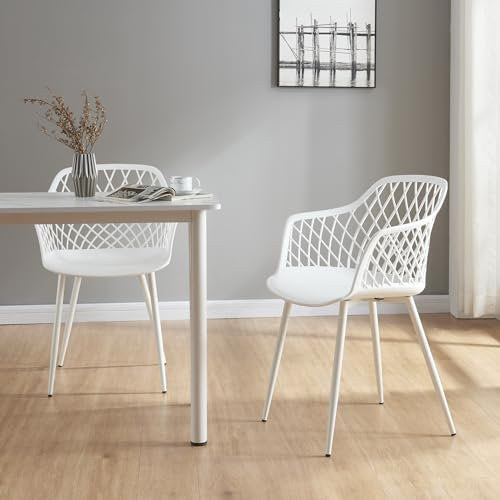 [en.casa] Esszimmerstuhl Kangasniemi 2er Set Küchenstühle Armlehnstuhl skandinavisch Kunststoff mit Rückenlehne Weiß mit Metallfüße 82 x 56 x 52 cm