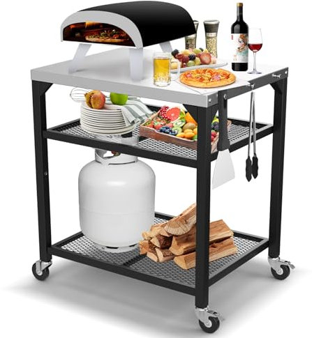 BBQMall - Pizza Oven Table Cart for Ooni, Ninja Woodfire, Blackstone Griddle, Bertello, Cuisinart, Pizza Oven, Kitchen Island Utility Cart, Thick and Wide Mobile Stand for