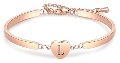 LSxAB Women Rose Gold Heart L Letter Bracelets Engraved Initial Bangle Bracelet Stainless Steel Personalized Name Jewellery Birthday Gifts