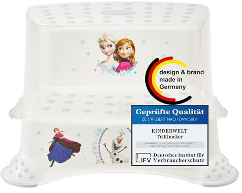 KiNDERWELT Premium zweistufiger Tritthocker für Kinder und Babys, Frozen Design in Weiß, Tritthocker 2 Stufen für Kleinkinder ab 3 Jahren, abwischbar, rutschfest und BPA-frei