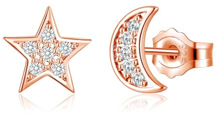 Deyanse Klein Ohrstecker, 925 Sterling Silber für Damen Mädchen, Hypoallergen 8mm Stern & Mond Zirkonia Ohrringe, Rosegold Schlafen Knorpel Ohrschmuck Mit Geschenk Box