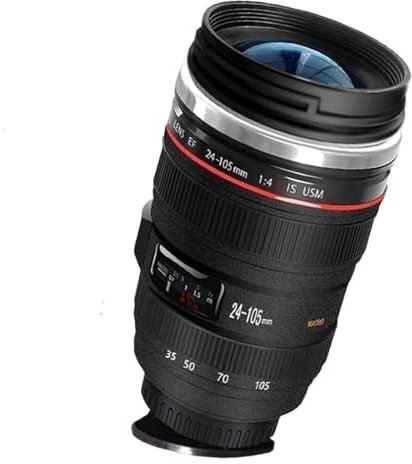 SLOSH Taza Cafe con Lente Cámara con 2 Tapas Vaso Taza Camara Objetivo Taza de Viaje para Llevar Acero Inoxidable Vaso Acero Inoxidable sin BPA (GE-II-V)