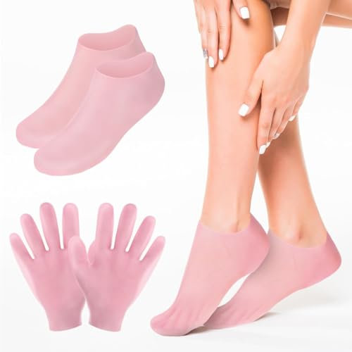 SGERUFZ 3 Pares de Calcetines de Silicona Hidratantes y Guantes de Silicona de Gel para el Cuidado de los Pies Agrietados Color Rosa