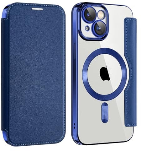 Unichthy Flip Case for iPhone 13 Clear Cover Support MagSafe |RFID Blocking| Wallet Purse Shockproof Leather Stand Cover Individual Protection for Each Lens Phone Skin for iPhone 13 Blue