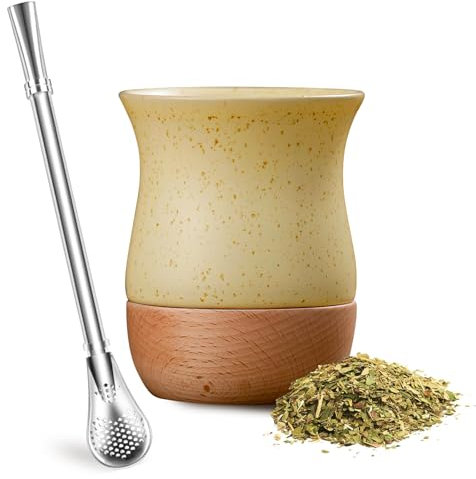 Tazza Yerba Mate, zucca in ceramica e legno, cannuccia Bombilla e spazzola per la pulizia, perfetta per preparazioni tradizionali e stile moderno