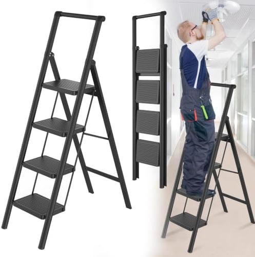 Hengmei Step Ladder 4 Steps Black Folding With Handrail 270kg Max Capacity | 270kg Load Capacity Ergonomic Handrail Sturdy Metal Frame Anti Slip Rubber Feet Wide Steps Ultra Slim 5.5cm Storage