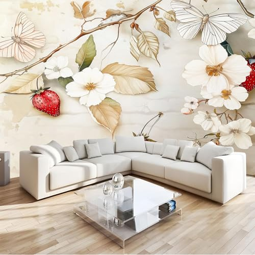 Fototapete Weiße Kirschblüten Erdbeeren Vlies Tapeten 300x210 cm 3D Effekt Moderne Wandtapete Wohnzimmer Schlafzimmer Wandbilder Wand