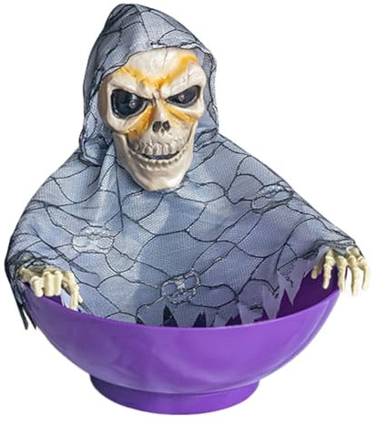 Fmoutyy Cuenco de dulces de Halloween con movimiento, cuenco de caramelos de Halloween, de frutas fantasmas con ojos iluminados y sonido espeluznante A