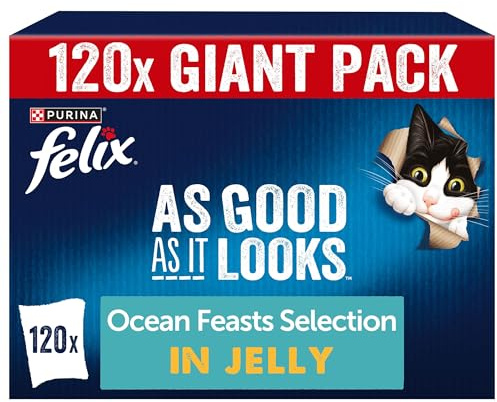 FELIX As Good As it Looks Adult Wet Cat Food Ocean Feasts in Jelly Plaice, Salmon, Tuna, Cod 120 x 85g Pouches