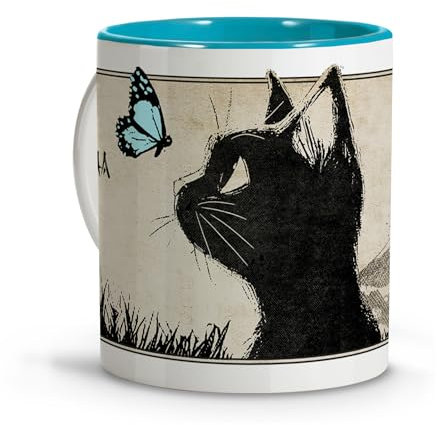 Tazze caffe. Tazza personalizzata con nome. Tazze colazione. Tazza gatto in stile anime Jiji Cat. Tazzine caffe particolari. Idee regalo donna e uomo. Mug gatti. Tazza in ceramica 330 ml. Tazza blu