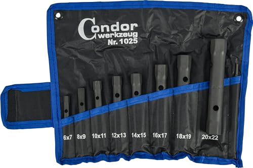 CONDOR Werkzeug 1025 | Tubular Socket Spanner Set Double Tube Set Socket Spanner Set | 9 Pieces | SW 6 x 7 - 20 x 22 mm | Includes Tetron Roll Bag Double Socket Wrench Set for Workshop and DIY