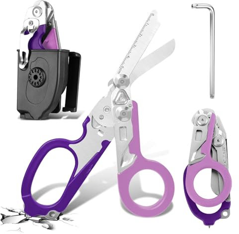 Rettungsschere Trauma Schere 6 in 1 Faltbar Trauma Schere Notfallschere Verbandsschere Mit K-Schutzhülle, Schraubenschlüssel für Professionelle Rettungsdienste, Outdoor Camping (Doppelt violett)