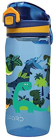 Opard 500ml Printed Children's Water Bottle, BPA Free Non-Toxic Tritan Plastic Drinking Bottle with Leak Proof Flip Top Lid for School - Midnight Blue Dinosaur