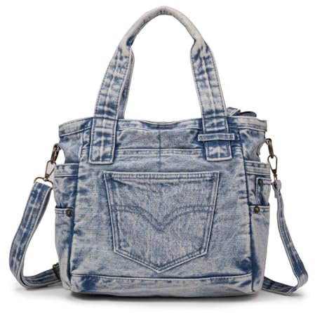 Jeamis Jeans Denim Tasche Schultertasche Canvas Bag Retro Umhängetasche Shopper Unisex (A Hellblau)