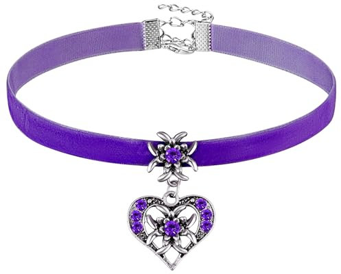Herdear Bierfest Damen Trachtenkette Herz Edelweiß Halskette Elegantes Kropfband mit Strasssteinen Herz und Edelweiß Anhänger(Lila)