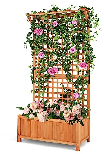 COSTWAY Blumenkasten mit Spalier & Dach, Pflanzkasten Tannenholz, Hochbeet mit Rankgitter & Drainagelöchern, Pflanzkübel mit Sichtschutz, für Kletterpflanzen Garten Terrasse, 90x44,5x183,5cm