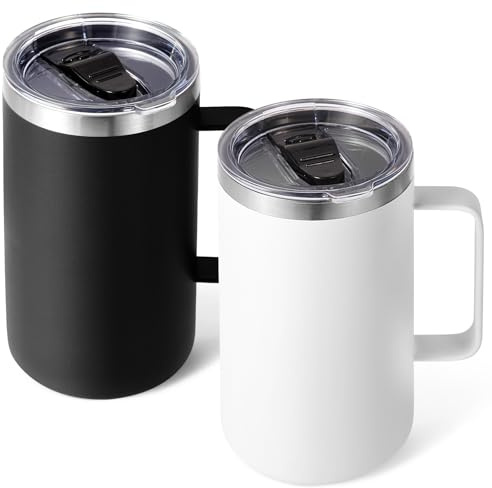 Volhoply 650ml (22oz) Insulated Coffee Mug with Lid and Straw, Stainless Steel Travel Mugs with Handle, Double Wall Vacuum Coffee Tumbler for Hot and Cold Drinks (Assorted,2 Pack)