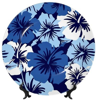 PHAYAH Blue Hibiscus Pattern Bone China Decorative Plate Ceramic Dinner Plates Crafts with Vertical Stand for Home Office Decor 6in