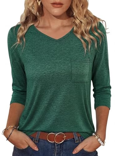 Crewhpo Womens 3/4 Sleeve Tops V Neck T Shirts Summer Casual Basic T-Shirt | Chest Pocket, Solid Color, Loose Fit, Soft Lightweight, Skin Friendly, Elegant Tee Blouses, Office Outfits, Daily Looks