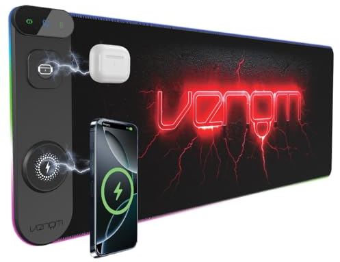 Venom Tappetino da Scrivania Gaming LED con Ricarica Wireless | Porte USB-C e USB-A | Tappetino Mouse Esteso 800 x 300 mm