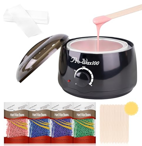 Professional Wax Kit with Warmer, Beads, Sticks & Papers for Hair Removal | Black Wax Heater Kit with Warmer, 4 * 100g Wax Beads, 10 * Wax Sticks, 50 * White Wax Paper for Women & Men at Home Salon