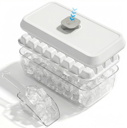 32 Grid Ice Cube Tray with Lid and Bin – Reusable Silicone Ice Mould for Freezer, Easy Release, Stackable, Comes with Ice Scoop, BPA Free