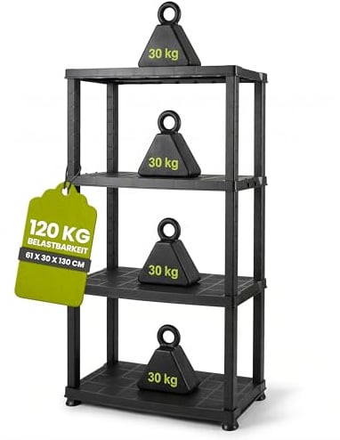 Kreher® Kunststoffregal „Neo“ mit 4 Böden - Steckregal für Haushalt, Keller & Garage - Standregal, Lagerregal & Aufbewahrungsregal - Schwarz oder Grau - Set auswählbar (Schwarz, 1)