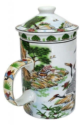 Spiru Chinese Patterned Porcelain Tea Mug with Infuser and Lid - Dancing Cranes Pattern, 75mm x 105mm