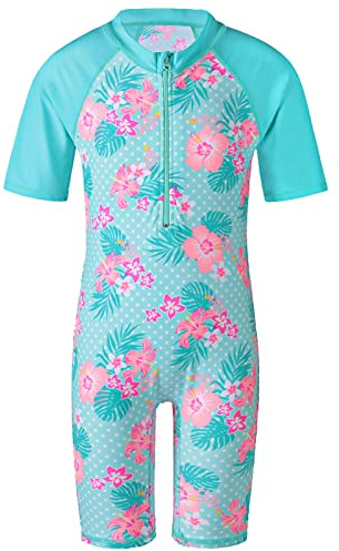 HUAANIUE Girls One Piece Swimming Costume Kids Short Sleeve Rash Guard Swimsuit UPF 50+ UV Sun Protection Quick Dry Teen Beachwear 4-12 Years