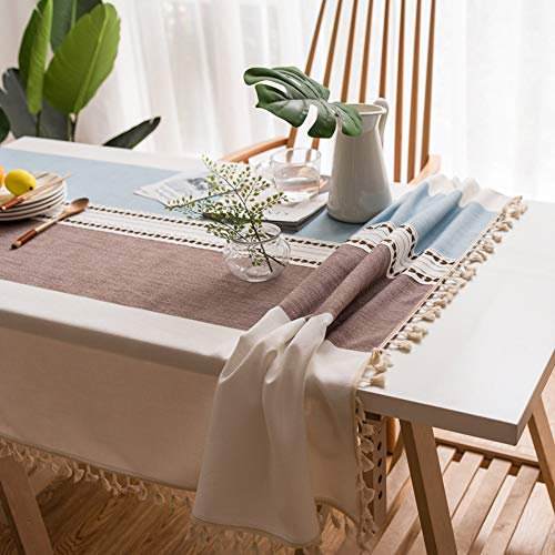 Lanqinglv Quaste Tischdecke 120x120 Abwaschbar Baumwolle und Leinen Tischtuch Braun/blau Tischdecke Platz Couchtisch