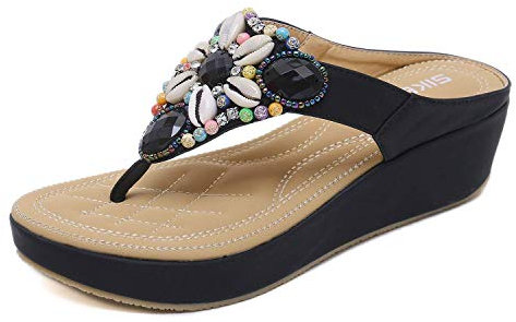 Minetom PU Leder Zehentrenner Damen Böhmen Sandalen T-Strap Flach Sommer Flip Flops Pantoletten Keilabsatz Wedges Hausschuhe Freizeitschuhe mit Absatz Z Schwarz 41 EU