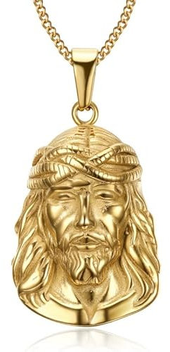 BOBIJOO JEWELRY - Pendentif Collier Tête de Jésus Christ Acier Inoxydable 316L Plaqué Doré Or Chaîne