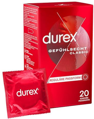 Durex Gefühlsecht Classic Kondome – Dünne Kondome mit anatomischer Easy-On-Form & mit Silikongleitgel befeuchtet – 20er Pack (1 x 20 Stück)