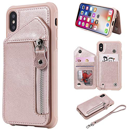 nancencen Case Kompatibel mit iPhone X/XS (5.8), Kreditkartenschlitz Geldbörse Handyhülle TPU Kieselgel Cover Schutzhülle (Roségold Farbe)