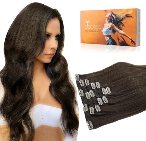 DOORES Echthaar Extensions Clip, Helles Dunkel Braun 40cm 16 Zoll 7 Stück 120g Remy Clip in Haarverlängerung Menschlich Clips in Haarverlängerung Natürliche Echthaar Extensions Dicke Haare