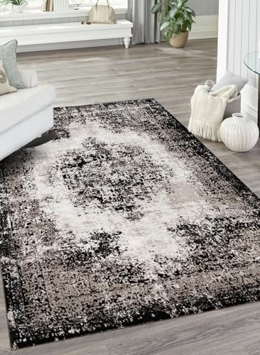 Carpetilla Designer Teppich, Richmond, Wohnzimmer Teppich, Kurzflor, Schlafzimmer Teppich, Vintage Orient Schwarz-Weiss (120 x 170 cm)