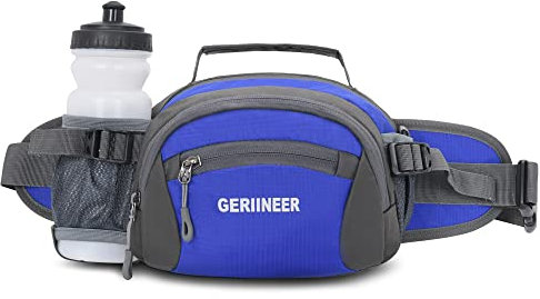 GERIINEER Sac Banane Homme Femme Ville De Sécurité pour Voyage Ou Outdoor Sport, Sacoche Banane de Sport Ceinture de Course avec Porte Bouteille (Bleu foncé)