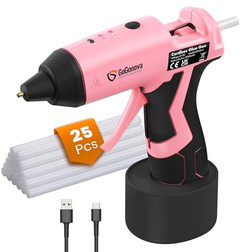 Cordless Hot Glue Gun, Gogonova 15s Fast Preheating Glue Gun, 5Ah Built-in Battery Hot Melt Glue Gun, Smart Power-Off, Kit with 25 Pcs Premium Mini Glue Sticks and USB-C Charging Port(Pink)