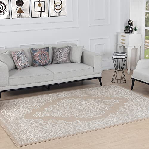 Livabliss Temara Vintage Teppich Groß - Orientalischer Boho Kurzflor für Wohnzimmer, Esszimmer, Schlafzimmer - 80x150 cm - Einfache Pflege - Muster in Beige