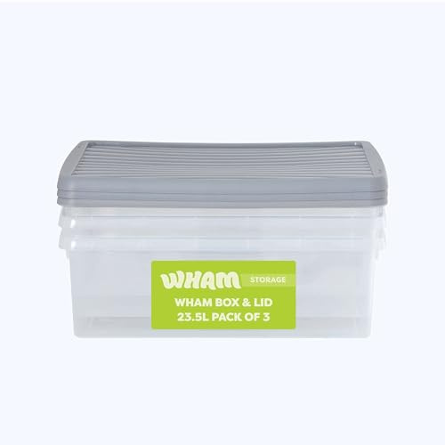 Wham Box 3 x 23.5L Stackable Plastic Storage Boxes with Lids | Ideal for Home, Office, Toys & More | Secure, Ribbed Clip-On Lid for Added Strength | Made in UK - Clear/Steel