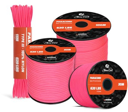 Abma Cord Paracord 620lbs 4mm 15M 100% Nylon Seil Typ 3 Schnur mit 9 Kern für Basteln, Camping, Survival, Outdoor - Max. 280kg - Neon Pink