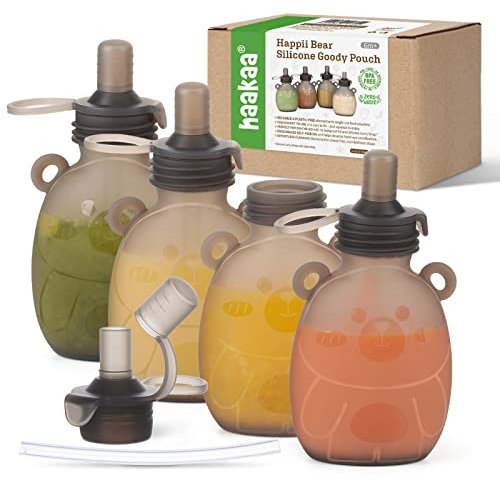 haakaa Happii Bear Silikon-Beutel, wiederverwendbare Babynahrungsbeutel für hausgemachte Bio-Pürees, Säfte, Smoothies und Joghurt, perfekt für Kleinkinder und Kinder, 4 Stück, 170 ml